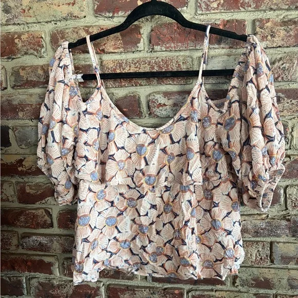 Boho Floral Cold Shoulder Crop Top 🌸 Cottagecore Festival Blouse - Picture 2 of 3
